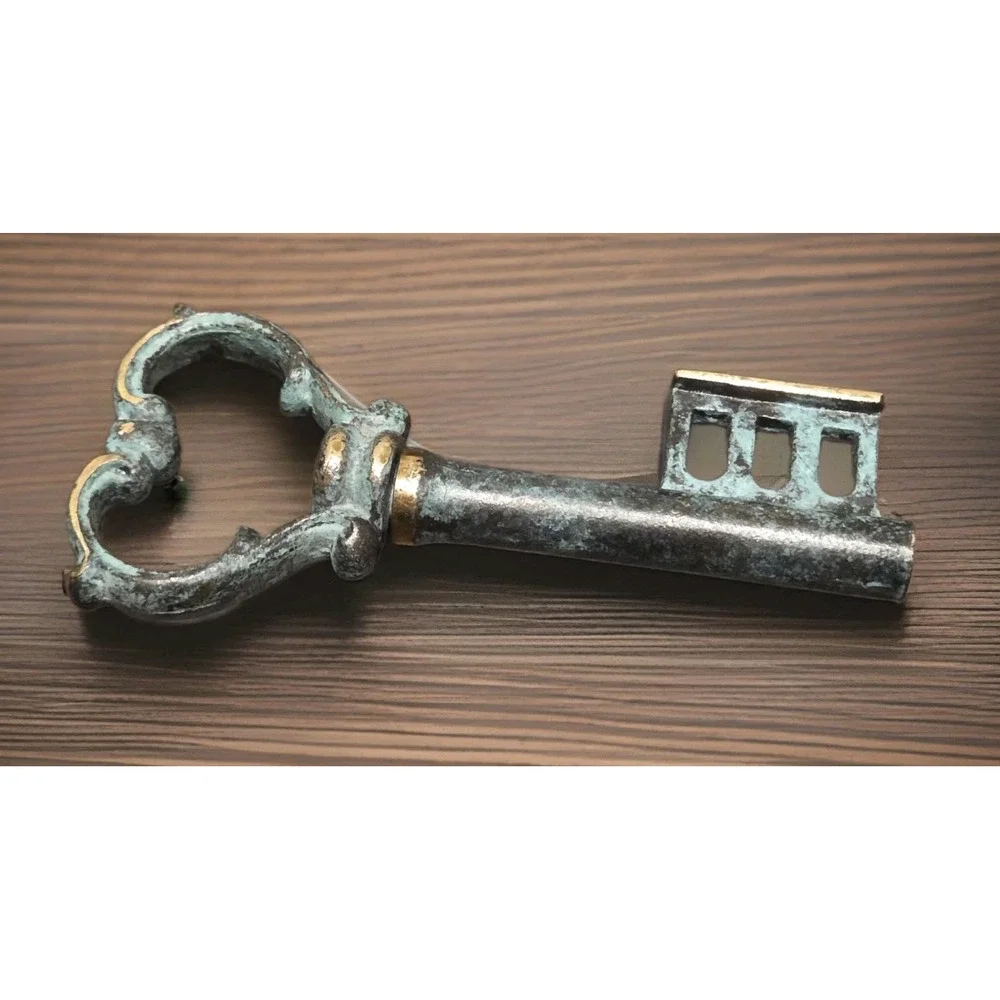 Vintage Brass Key Shaped Wine Key & Bottle Opener Green Patina Finish 5.5